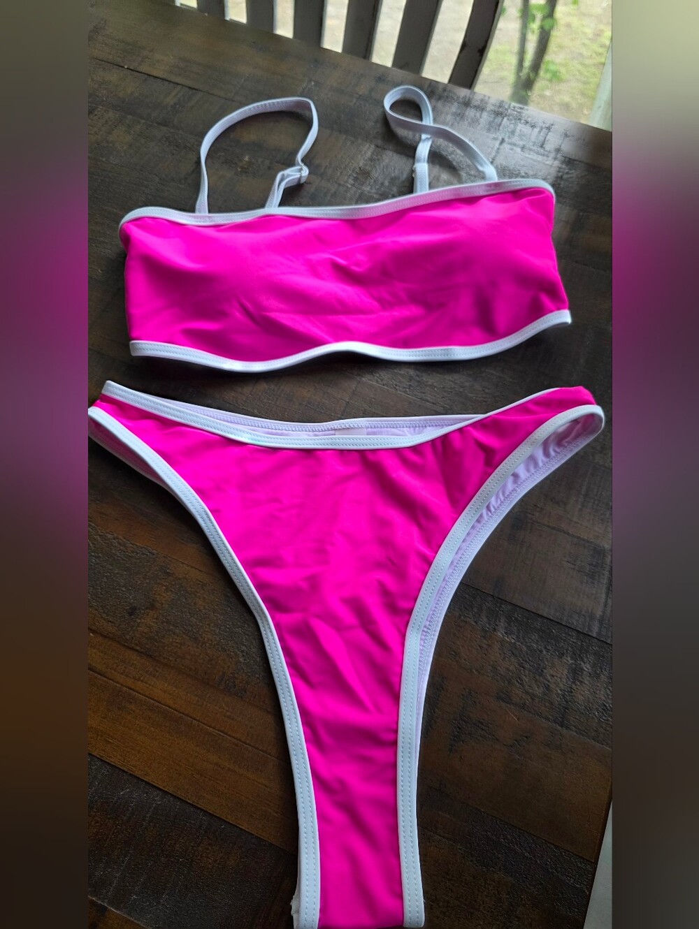 Hot Pink Contrast-Trim Bandeau Bikini Set